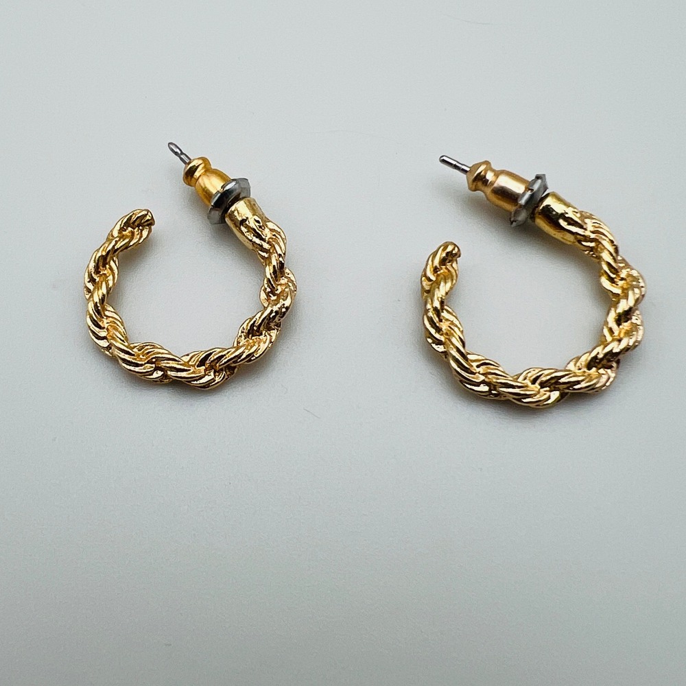 Gold Tone Pierced Hoop Earrings Twisted Textured Small Classic Retro Style